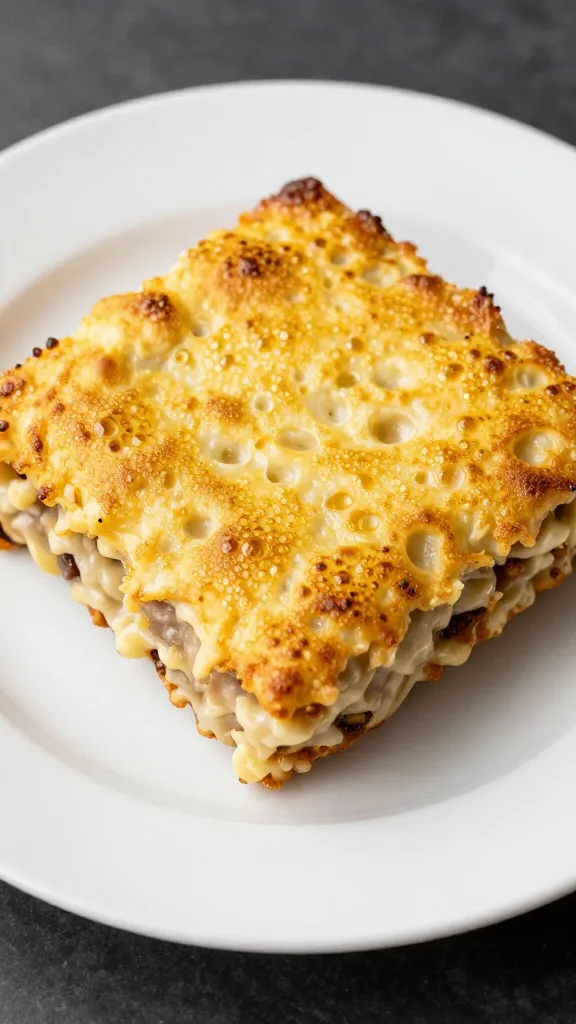 Single serving of hobo casserole on white plate, golden bubbly top