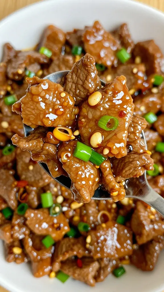 spoonful of glossy soy-garlic beef with scallions