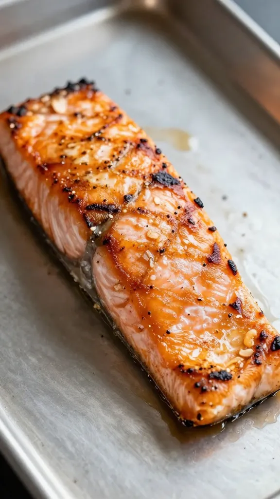 closeup of roasted salmon fillet on sheet pan