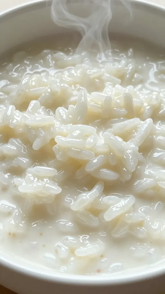 Bowl of creamy coconut rice, glossy and steamy closeup