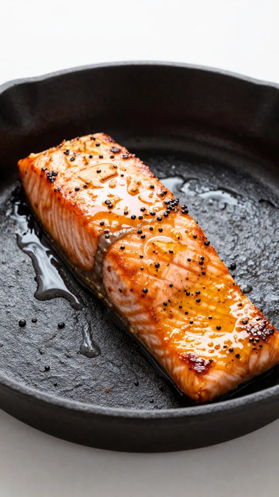 glazed honey garlic salmon fillet on black cast-iron skillet