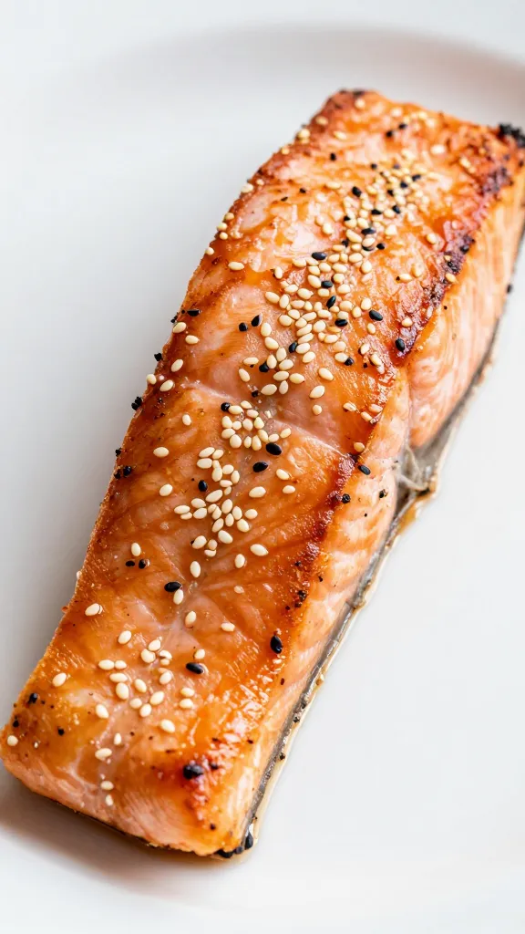 closeup seared salmon fillet with sesame glaze on white plate