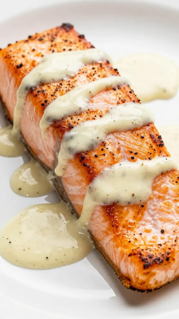 closeup Cajun-seared salmon fillet with garlic cream drizzle