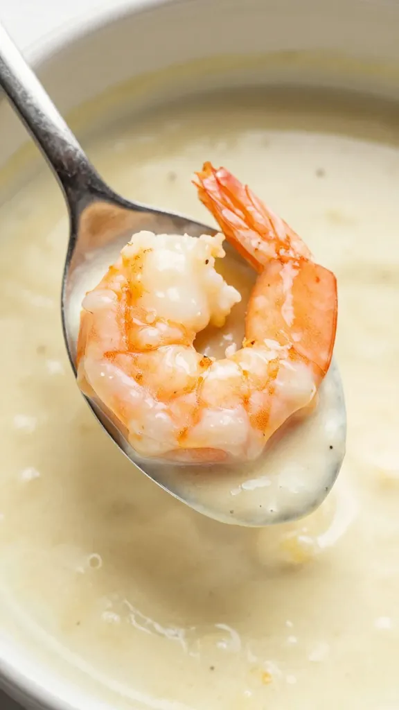 single Cajun shrimp on spoon, glossy garlic cream sauce