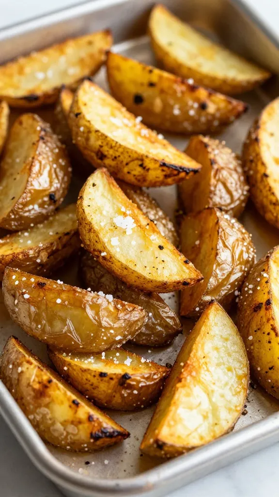 crispy roasted potato wedge on sheet pan with sea salt