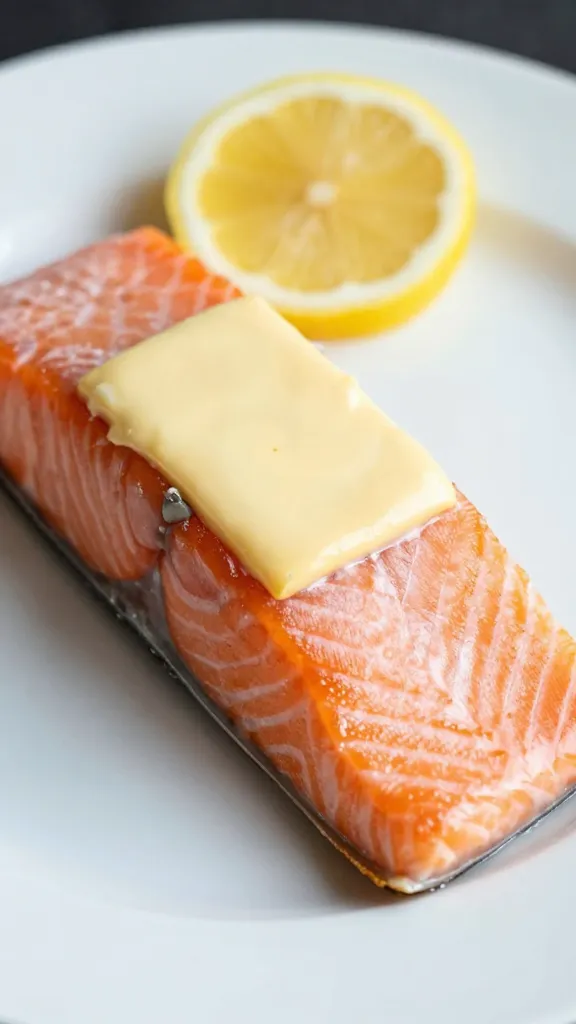 closeup lemon butter salmon fillet on white plate, bistro style