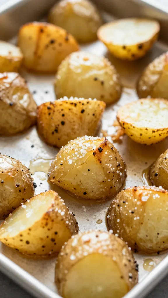 crispy smashed potatoes on sheet pan, golden and salted closeup