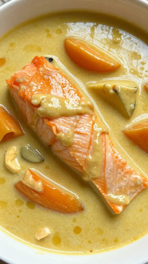 closeup bowl of coconut Thai salmon curry, glossy surface