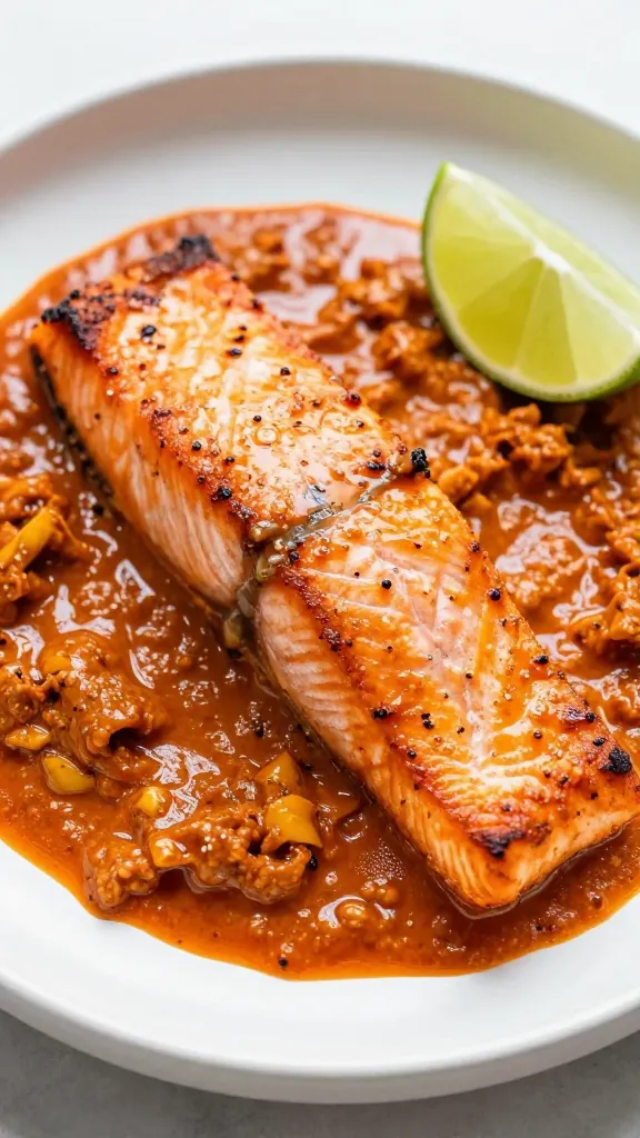 seared salmon fillet in red curry sauce, lime wedge