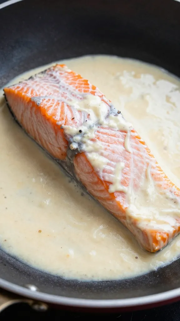 closeup of creamy Tuscan salmon fillet in skillet