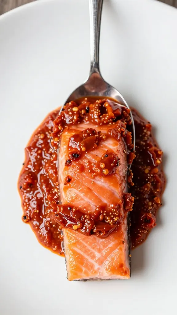spoonful of sun-dried tomato cream sauce over salmon