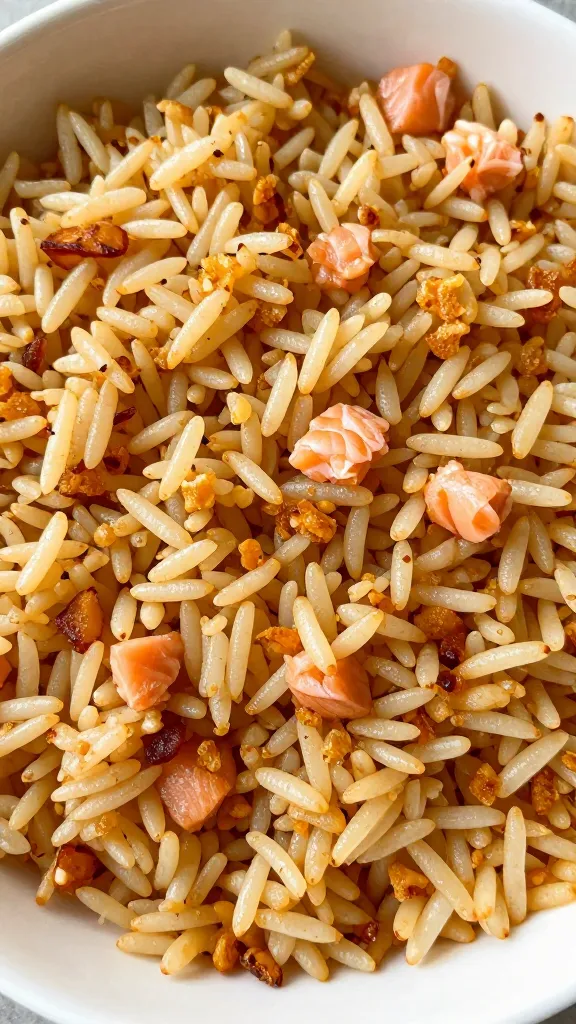 closeup golden salmon rice bowl with crispy edges, overhead