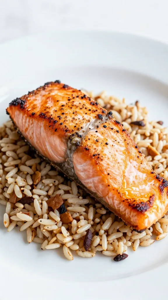 seared salmon fillet on nutty rice, crunchy browned crust