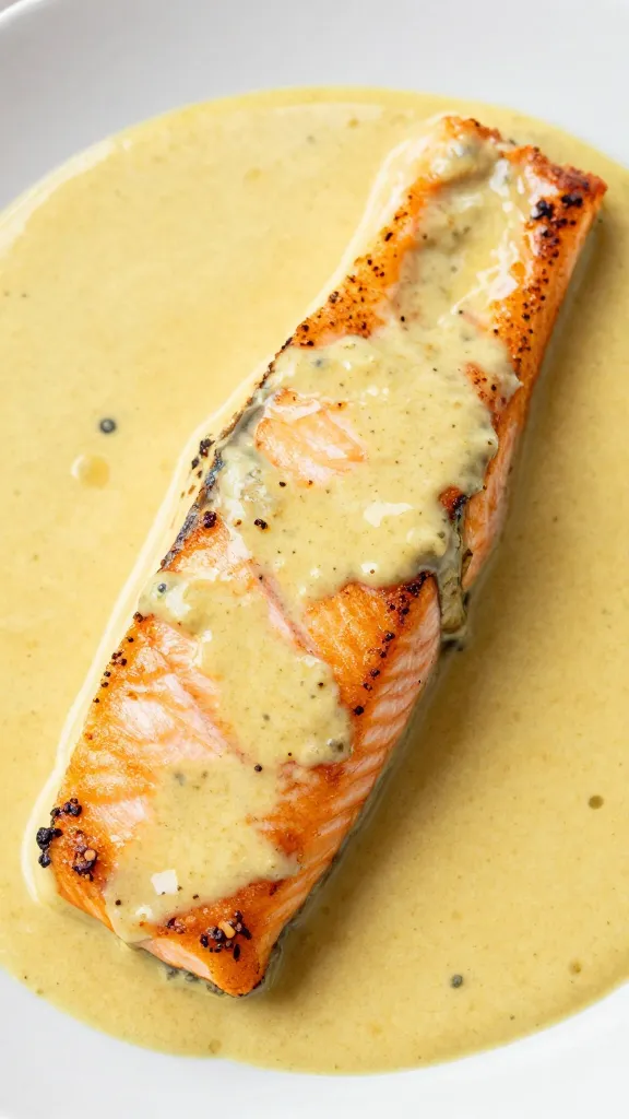 closeup pan-seared salmon in coconut curry sauce