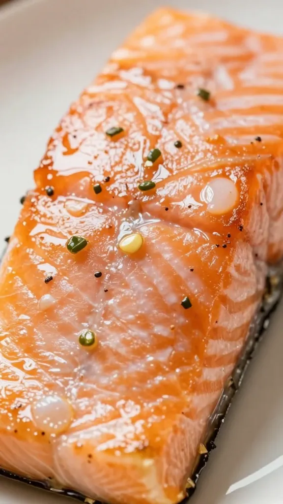 closeup of garlic butter salmon fillet with glossy glaze