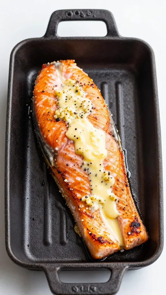single cast-iron seared salmon topped with melting garlic butter