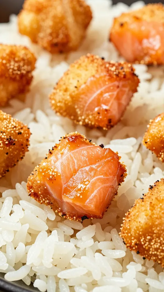 closeup of crispy bang bang salmon bites on jasmine rice