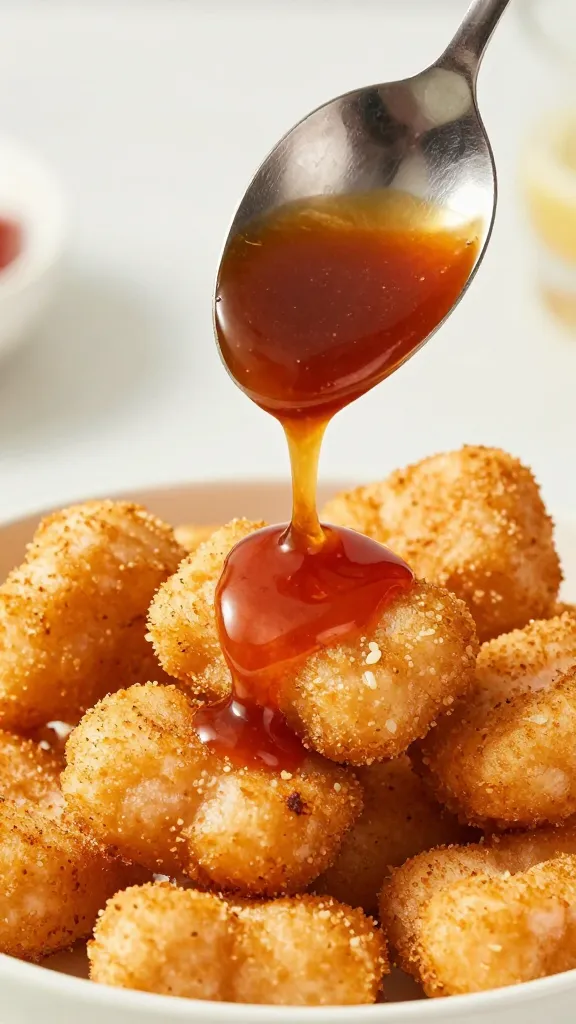 spoon drizzling bang bang sauce over golden salmon nugget