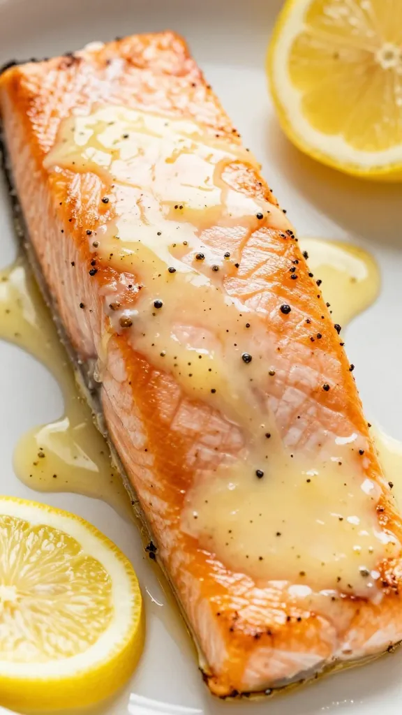 closeup baked salmon fillet with lemon-garlic butter glaze