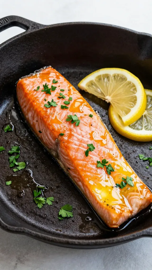 single cast-iron skillet salmon, glossy lemon butter, parsley garnish
