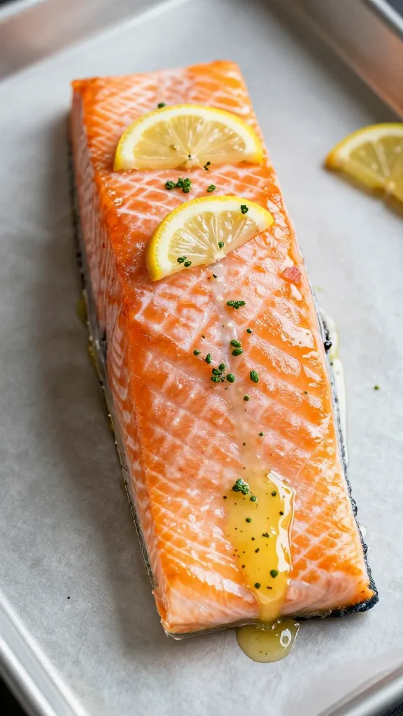 closeup of lemon garlic butter salmon fillet on sheet pan
