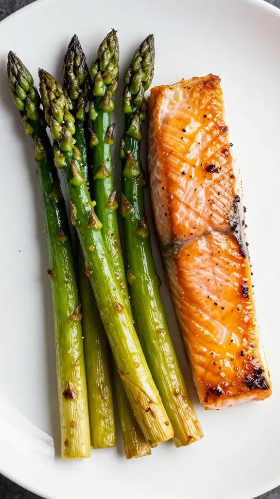 roasted asparagus beside glazed salmon fillet, tight overhead shot