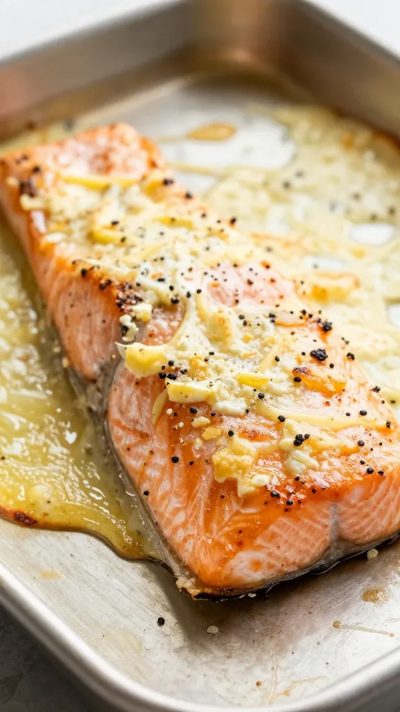 closeup of baked boursin-topped salmon fillet on sheet pan