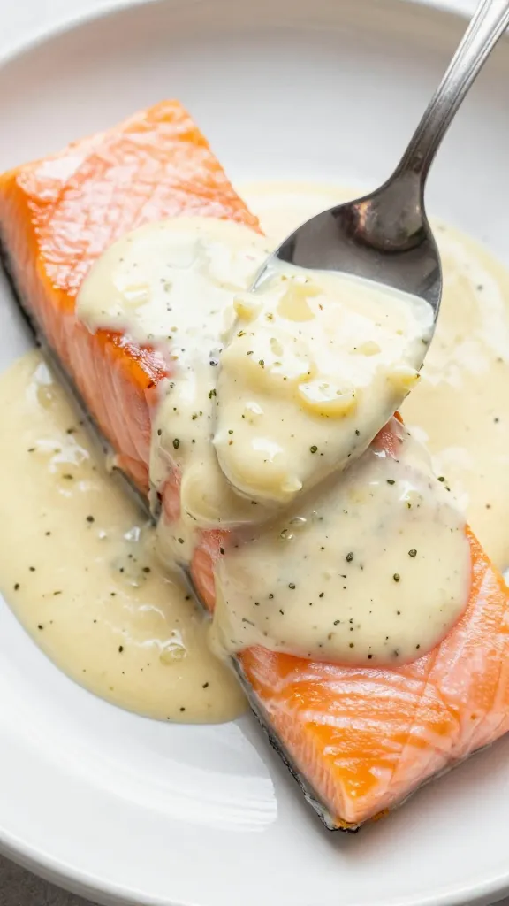spoonful of melted garlic-herb boursin sauce over salmon