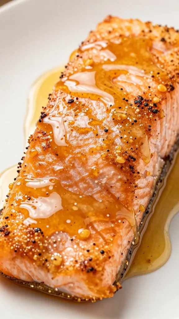 closeup Cajun-crusted salmon fillet with glossy honey butter glaze