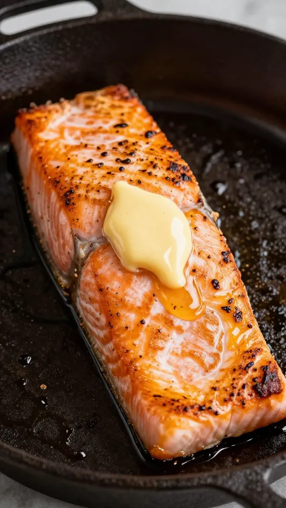 seared salmon on cast-iron, melting honey butter pat dab