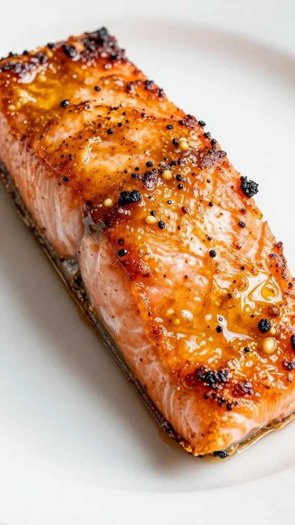 closeup crispy honey-garlic glazed salmon fillet on white plate