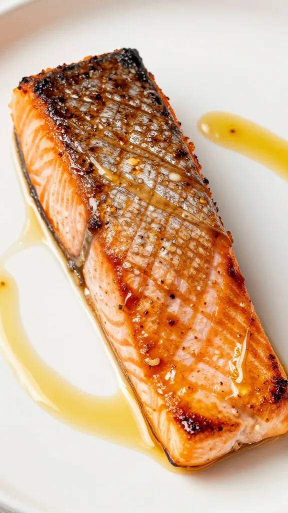 seared salmon skin side crisp, glossy honey garlic glaze