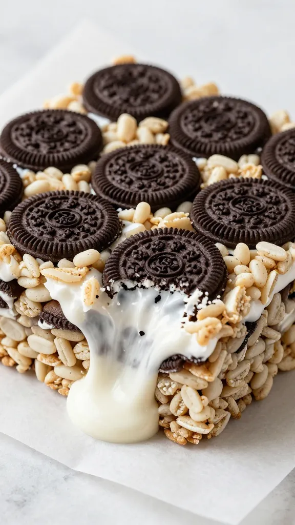 closeup Oreo Rice Krispies square on parchment, gooey marshmallow strands