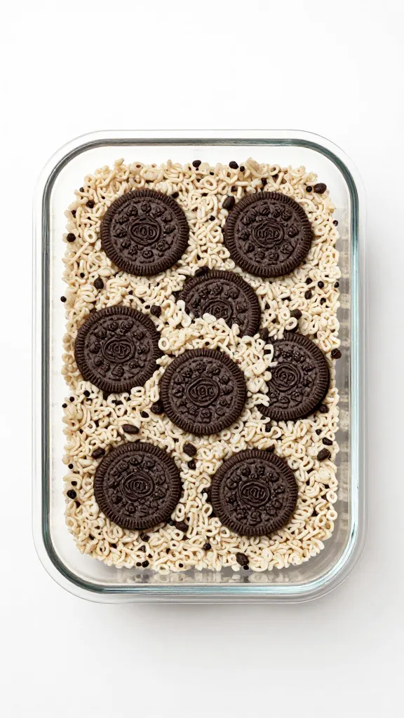 single glass dish of Oreo Rice Krispies, overhead, clean background