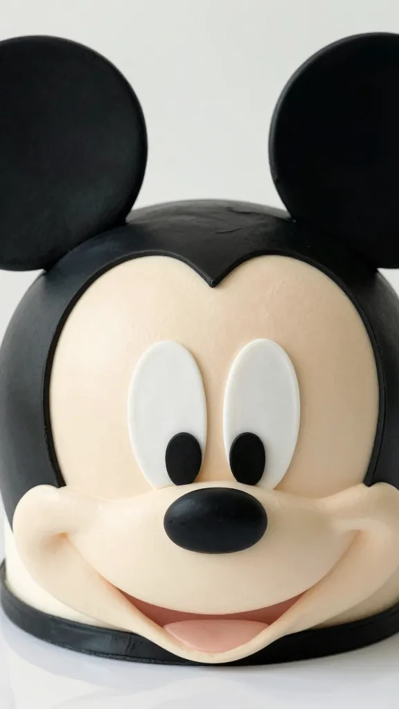 closeup Mickey Mouse face cake with smooth buttercream frosting