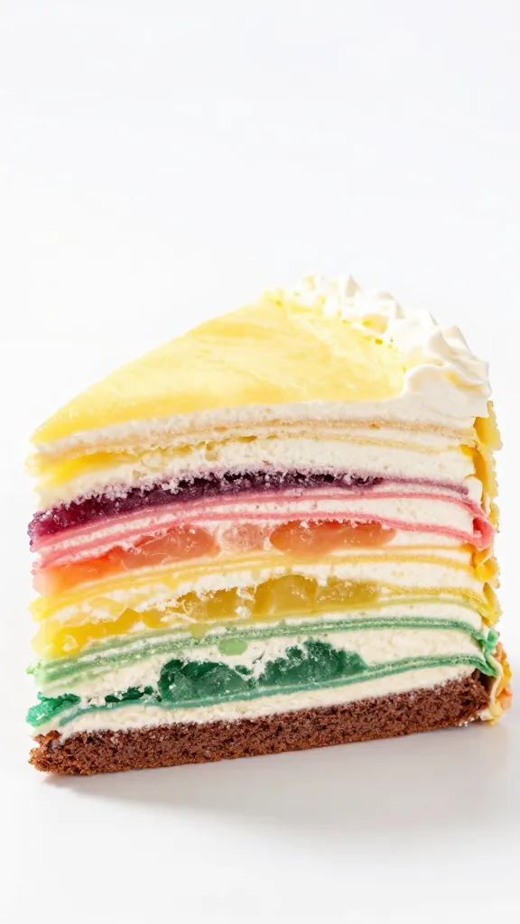 single sliced rainbow layer cake revealing vibrant interior layers
