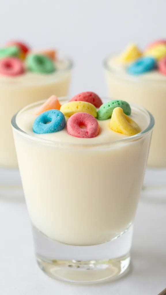 closeup Lucky Charms pudding shot in clear shooter glass