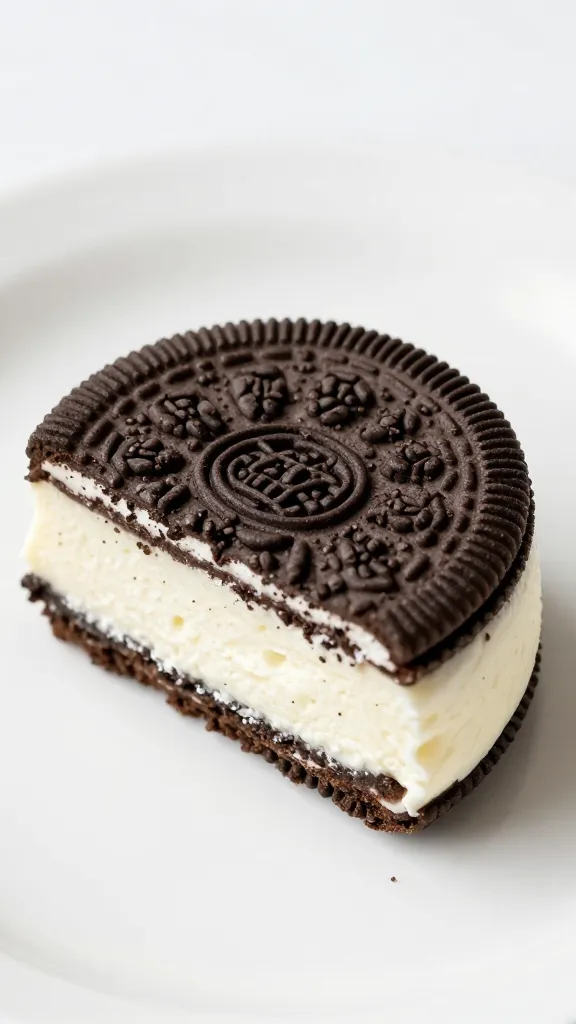 closeup slice of frozen Oreo dessert on white plate