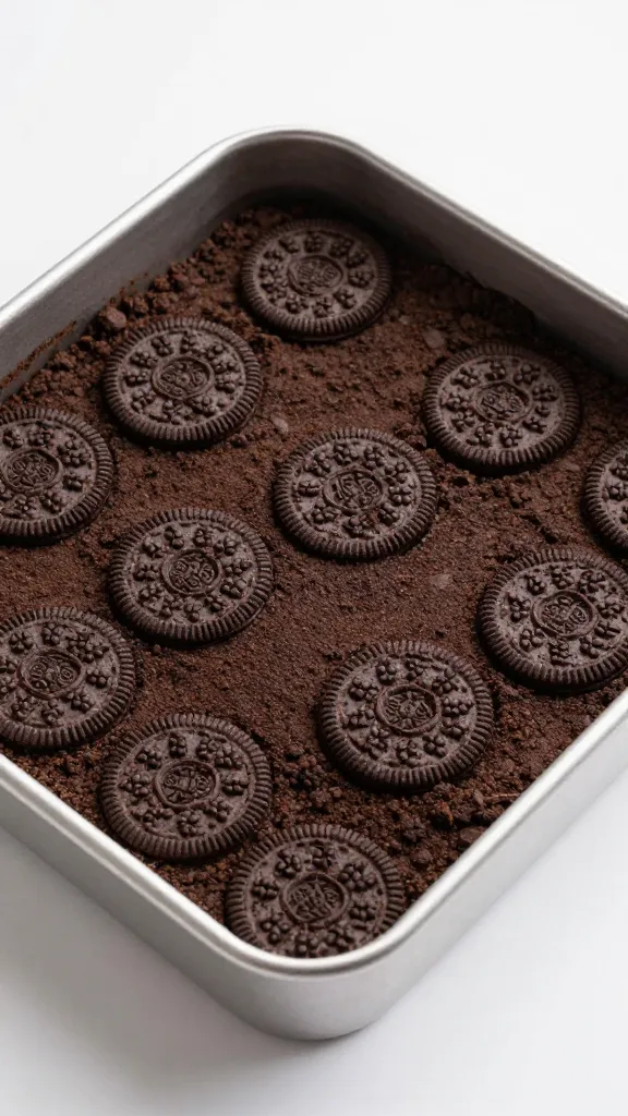 single Oreo cookie crust layer in square baking pan