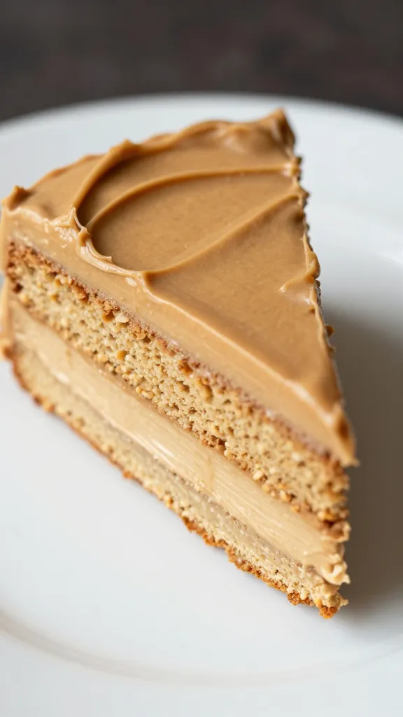 closeup slice of peanut butter icebox cake on white plate