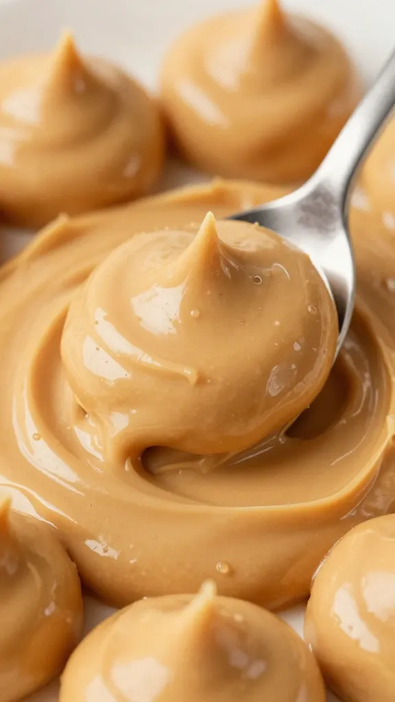spoonful of whipped peanut butter cream, soft peaks, macro shot