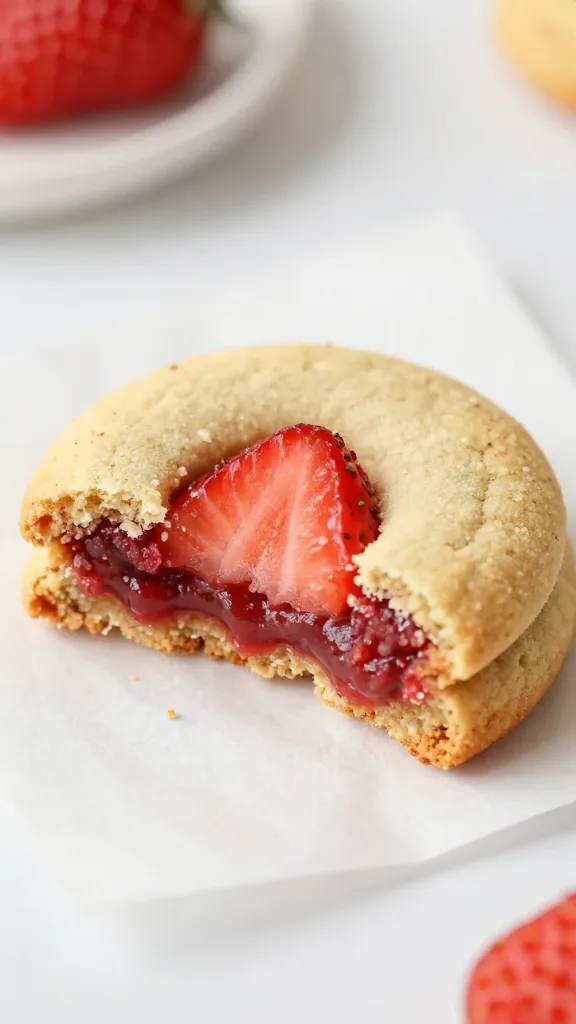 single strawberry cake mix cookie on parchment, chewy center visible