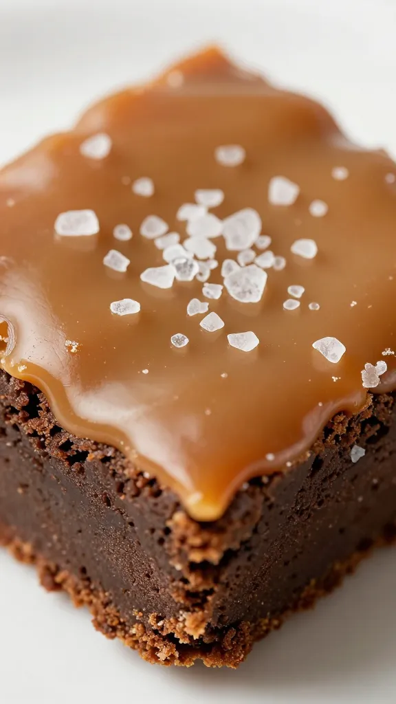 closeup salted caramel brownie square with flaky sea salt