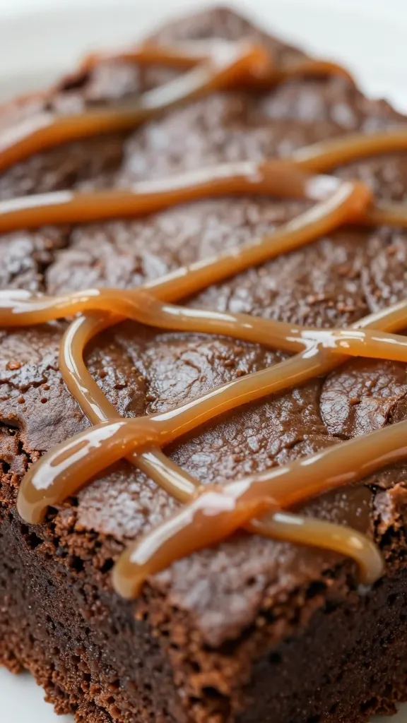 glossy caramel ribbon swirled into fudgy brownie surface closeup