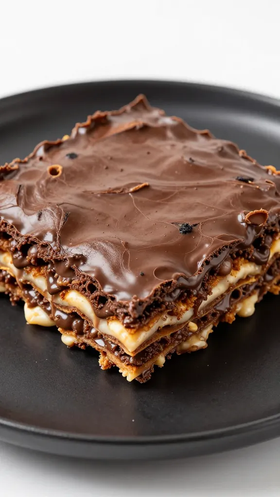 closeup slice of chocolate lasagna on matte black plate