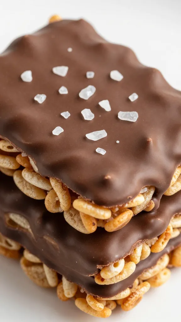 closeup chocolate-dipped Rice Krispie treat with flaky sea salt