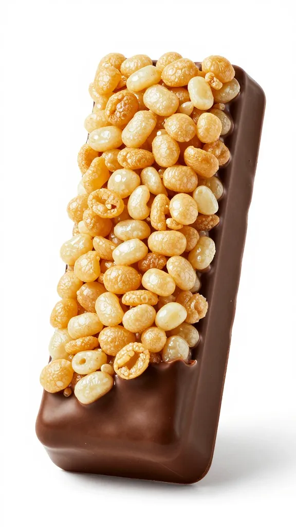 single Rice Krispie bar half-dipped in glossy dark chocolate