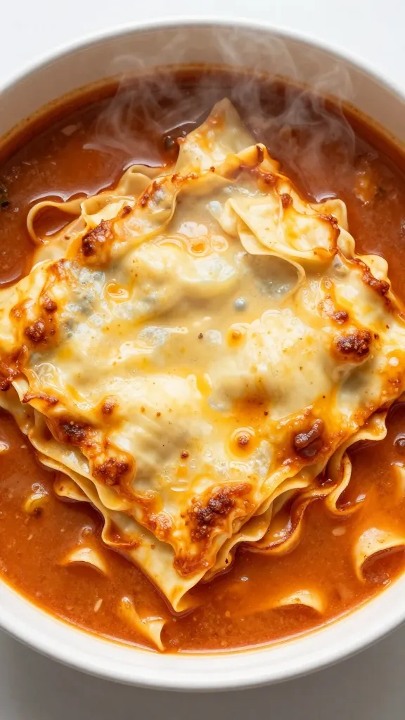 steaming bowl of lasagna soup with wavy noodles, overhead