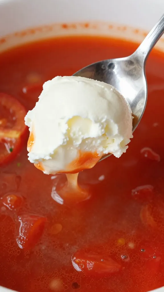 closeup ricotta dollop melting in tomato broth, single spoon