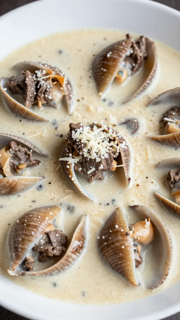 closeup bowl of creamy beef and shells, parmesan garnish